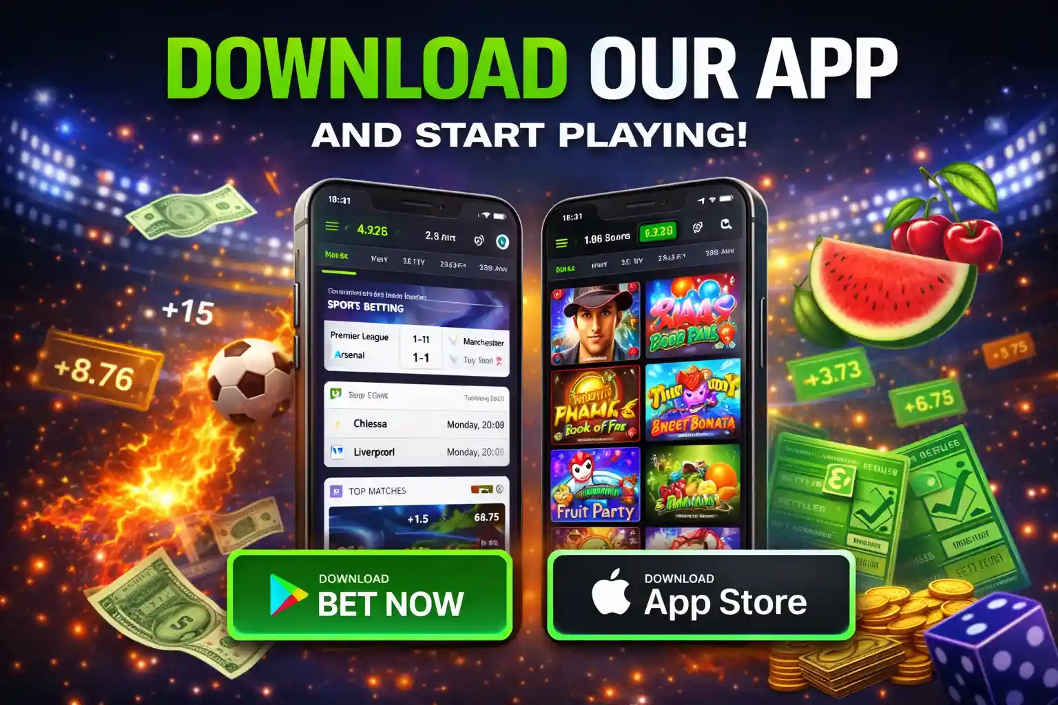 Two smartphones displaying sports betting odds and slot games available on app stores