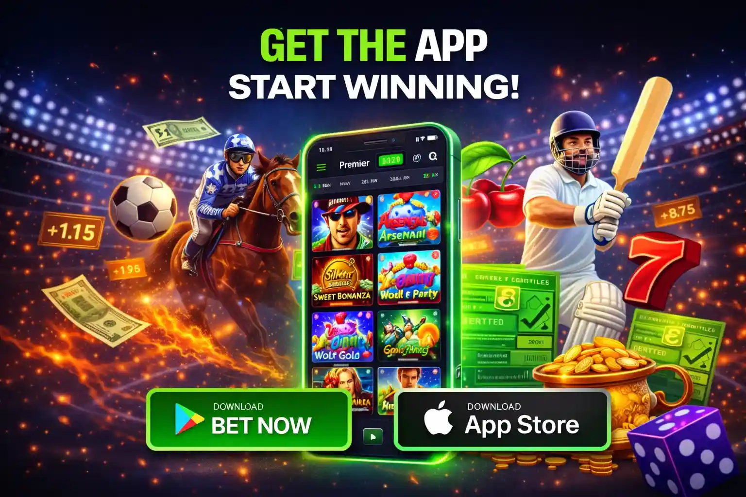 Hand holding a green smartphone showing casino interface with download buttons below