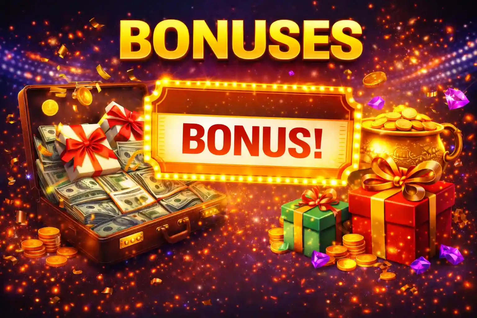 Suitcase full of cash and gift boxes highlighting exciting casino bonus offers