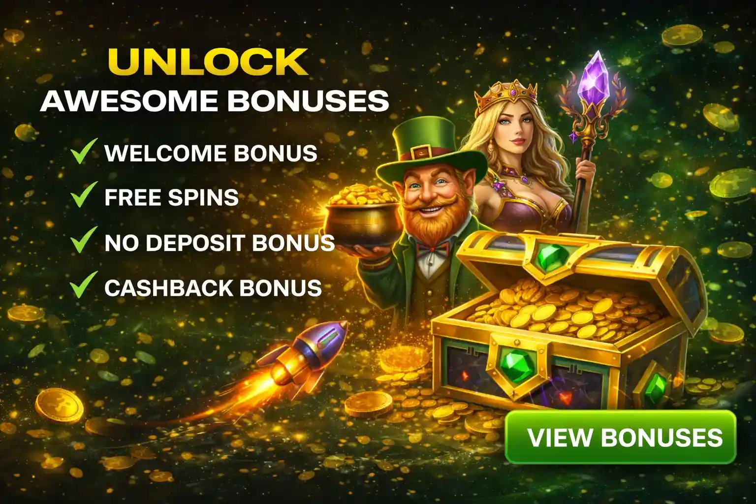 Leprechaun and Princess showing list of welcome bonuses free spins and cashback deals
