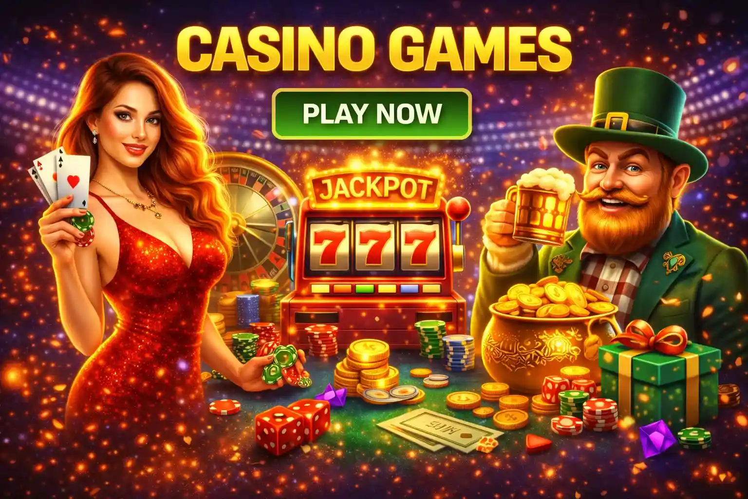 Lady in red dress and Leprechaun cheering next to a jackpot slot machine