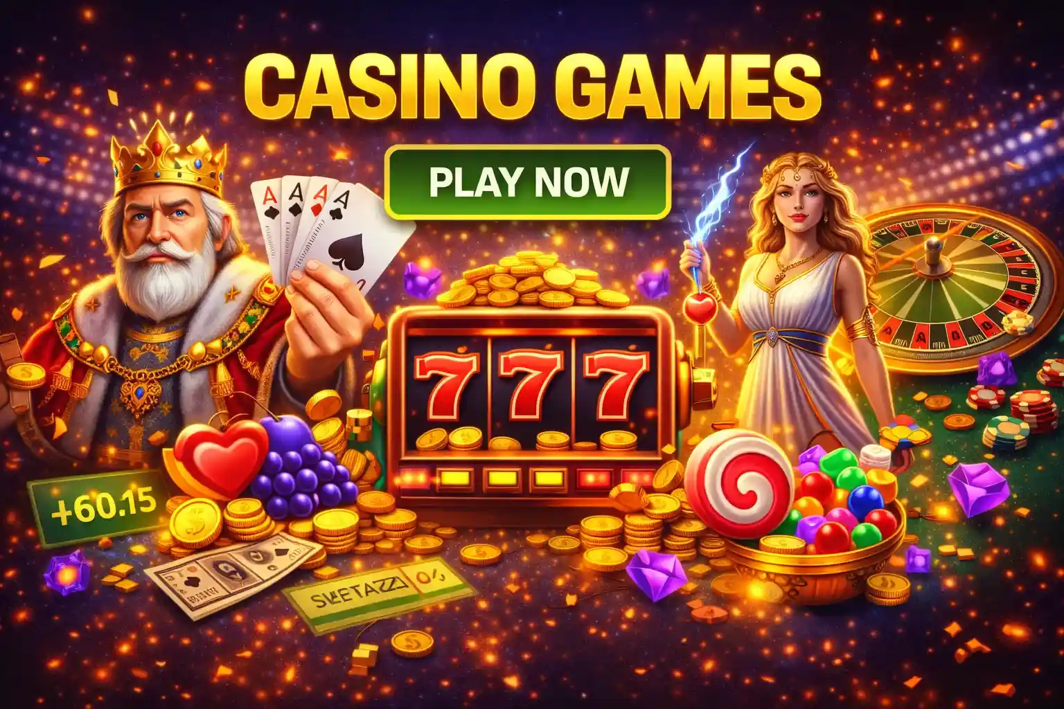 King and Goddess characters presenting playing cards and a classic slot machine