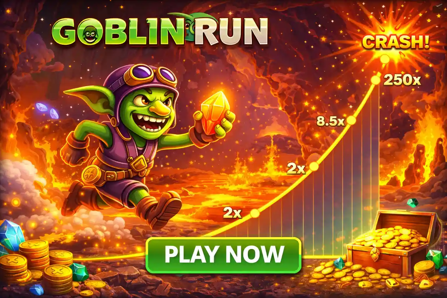 Green goblin running with a gem while a multiplier graph rises to crash point