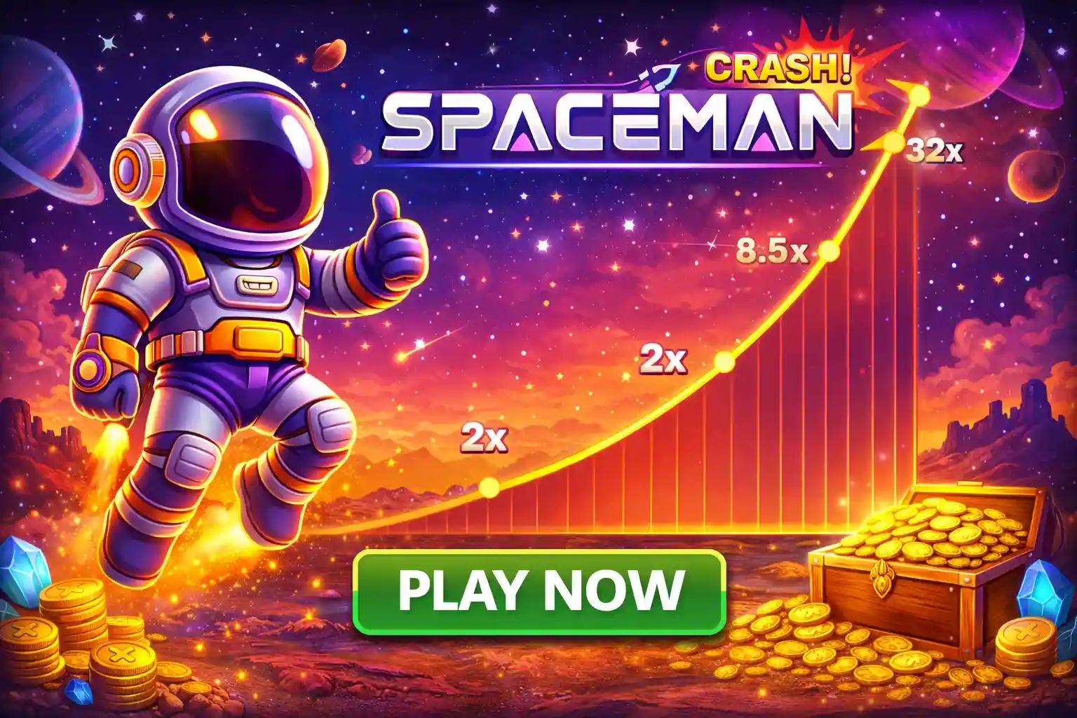 Cute astronaut character flying through space with rising betting multipliers and gold coins
