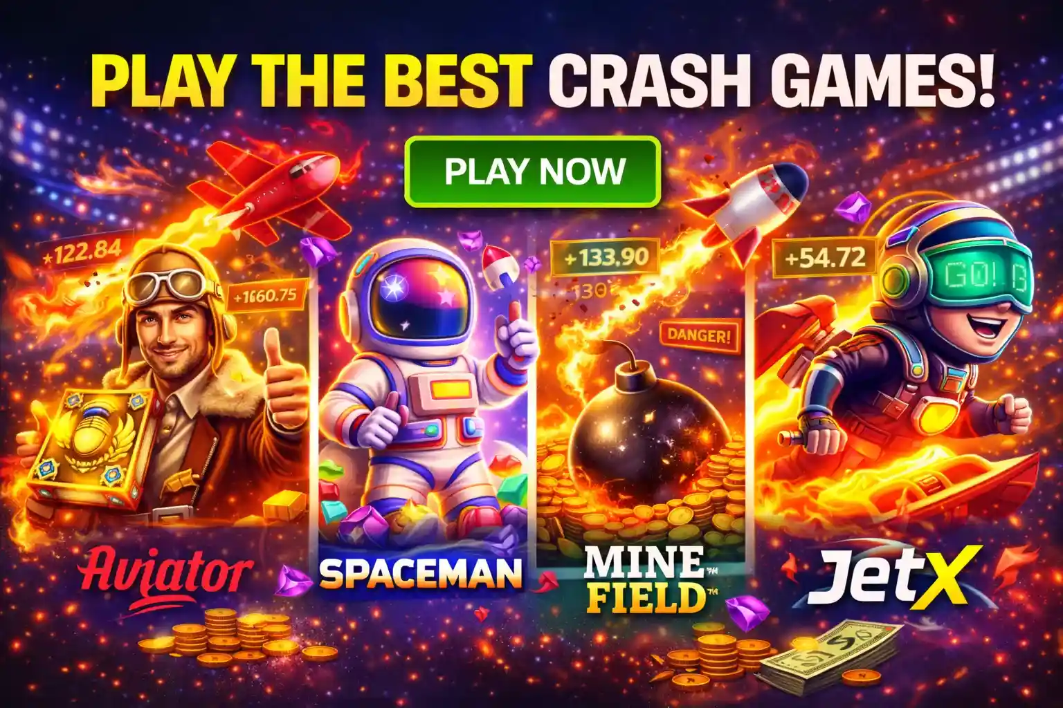 Promotional banner displaying Aviator Spaceman and JetX with rising multiplier graphs