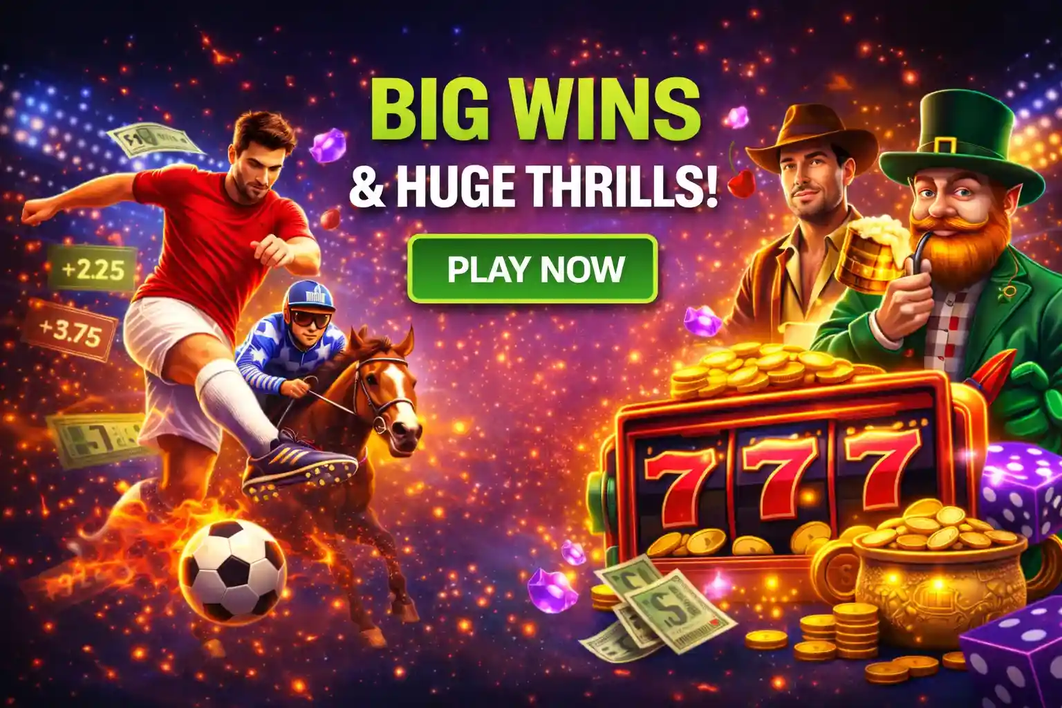 Action shot of footballer jockey and slot machine 777 representing diverse betting options