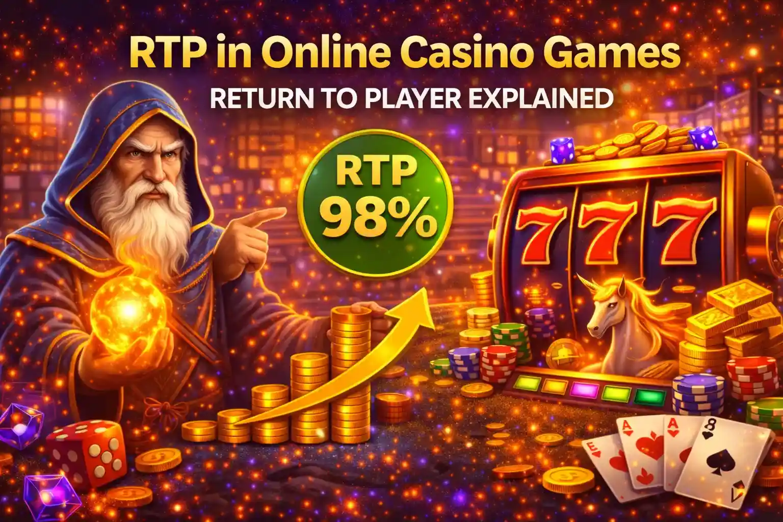 Wizard character pointing to a high percentage return to player sign with gold coins