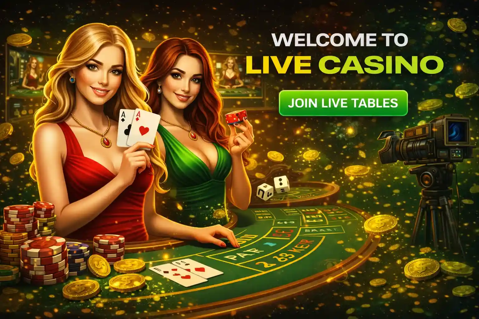 Elegant male and female dealers holding cards and dice inviting players to tables