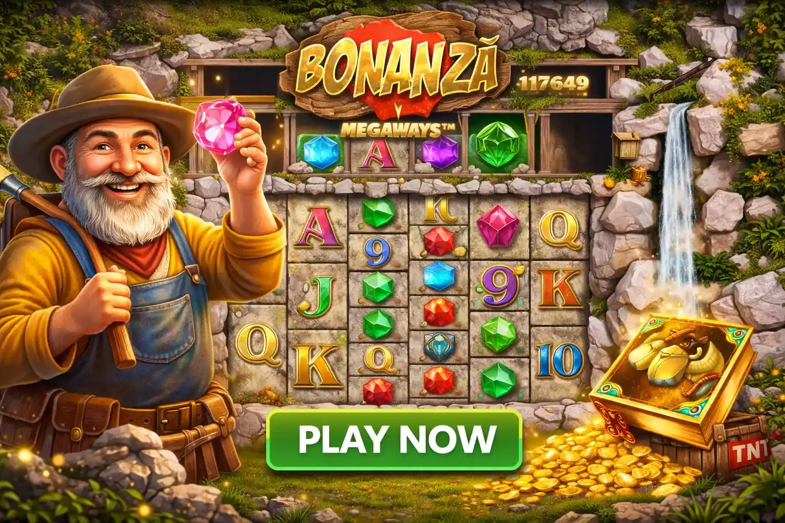 Cheerful miner holding a pink gem next to the cascading reels of Bonanza slot