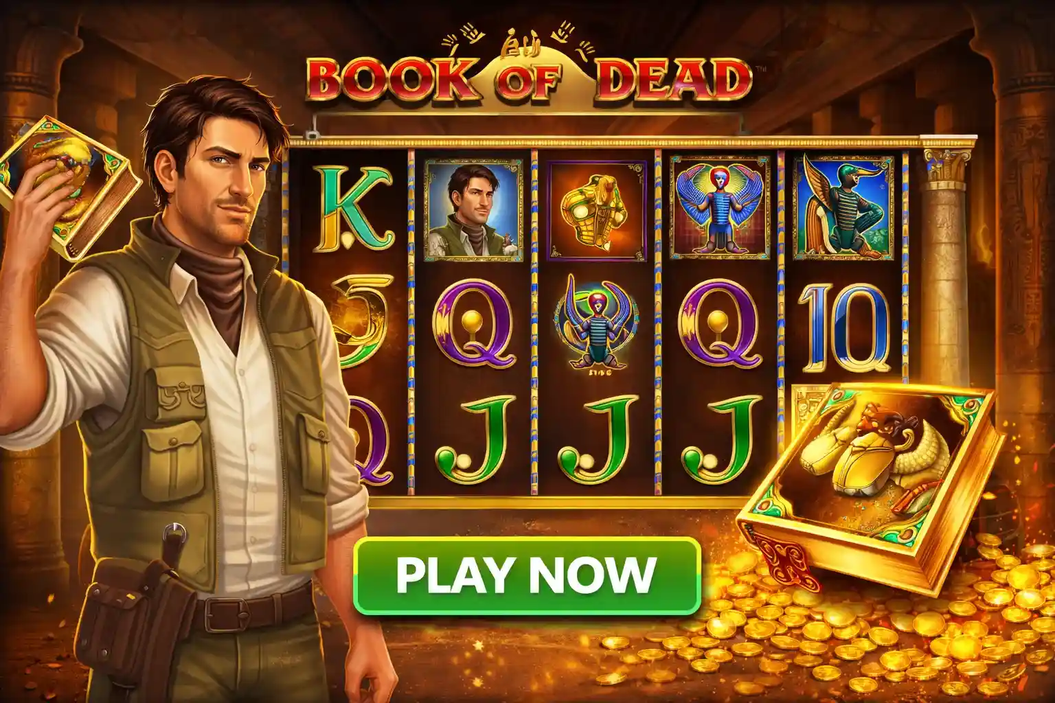 Rich Wilde holding the golden book in the Egyptian themed Book of Dead slot