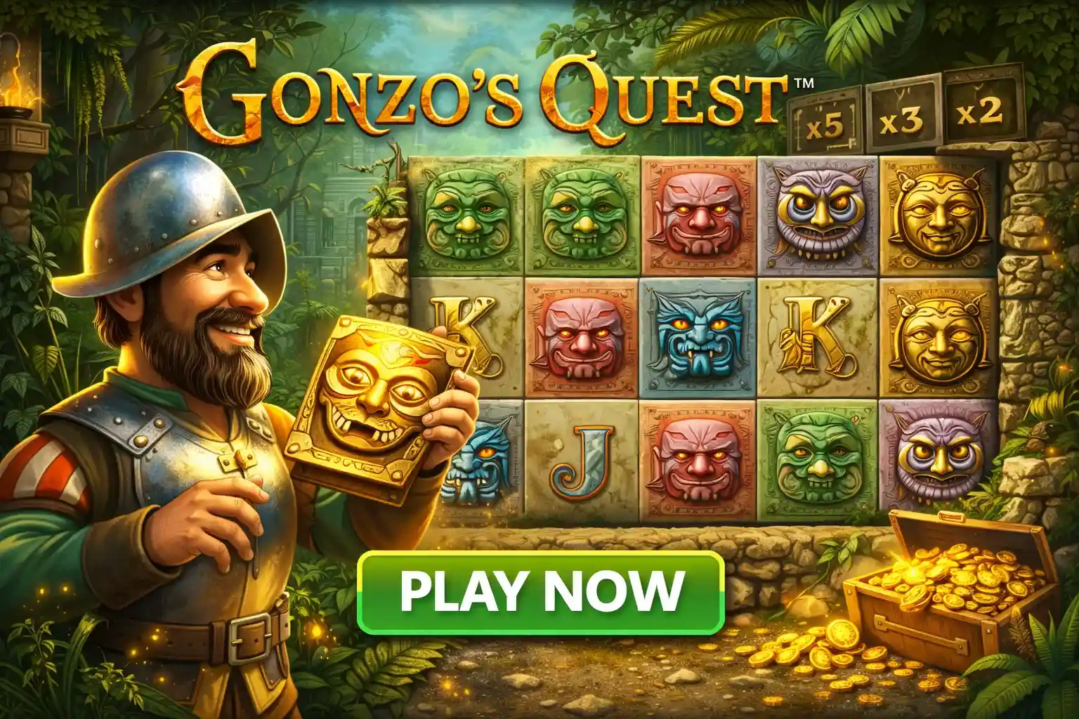 Conquistador character standing next to the famous stone block reels of Gonzos Quest