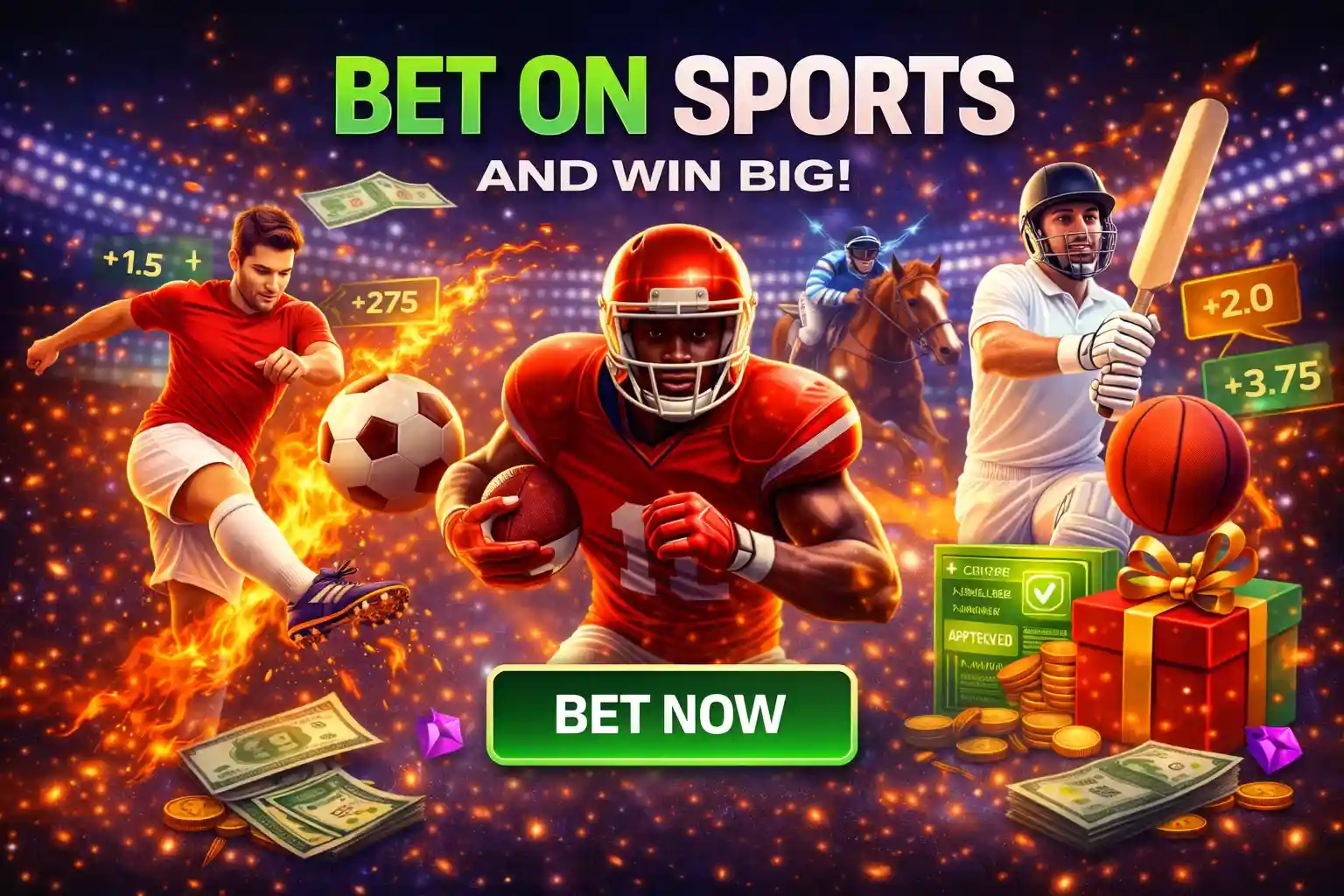 Athletes from football and cricket featuring green bet now button and cash piles