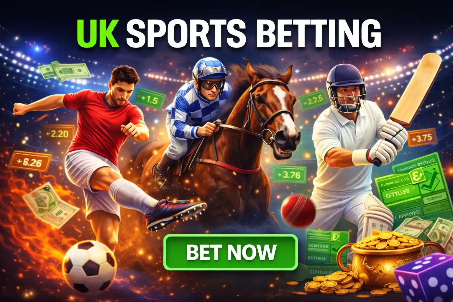 Football player jockey and cricket batsman in action with floating betting odds